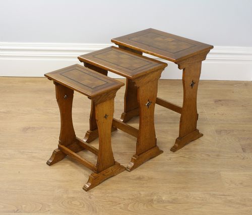 Arts & Crafts Set of Three Oak Parquetry Inlaid Nest of Tables (Circa 1880 - 1910)