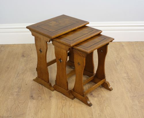 fig 1. Arts & Crafts Set of Three Oak Parquetry Inlaid Nest of Tables (Circa 1880 - 1910)
