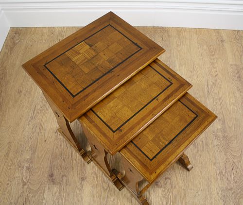 fig 3. Arts & Crafts Set of Three Oak Parquetry Inlaid Nest of Tables (Circa 1880 - 1910)