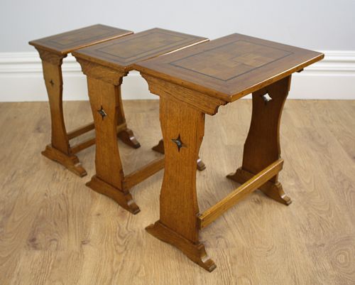 fig 9. Arts & Crafts Set of Three Oak Parquetry Inlaid Nest of Tables (Circa 1880 - 1910)