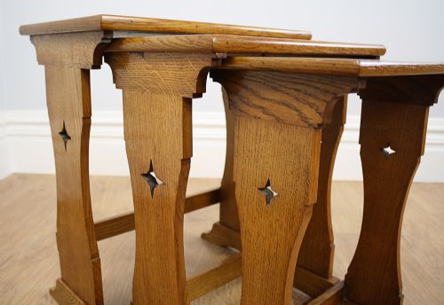 fig 10. Arts & Crafts Set of Three Oak Parquetry Inlaid Nest of Tables (Circa 1880 - 1910)