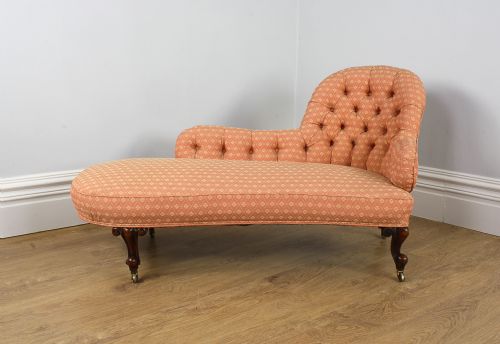 fig 1. Small Victorian Walnut Button Upholstered Chaise Longue (Circa 1860 - 1880)