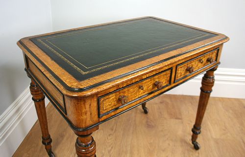 fig 7. Victorian 3ft Figured Ash & Leather Writing Library Side Table (Circa 1870)
