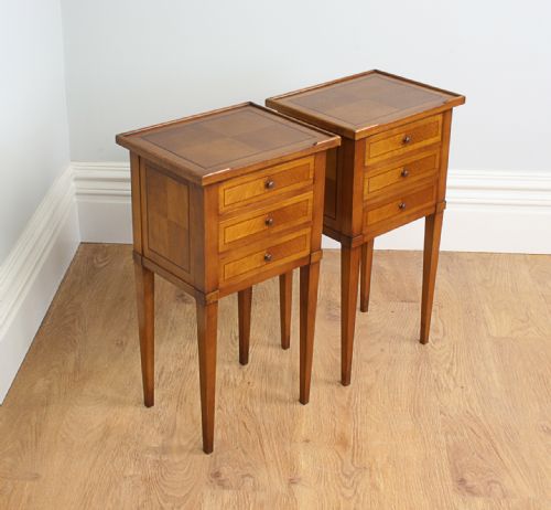 Pair of French Neo Classical Cherry Wood Inlaid Parquetry Bedside Cabinets (Circa 1900)