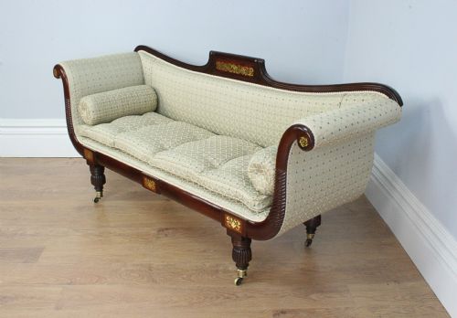 Regency Brass Inlaid Double Scroll End Mahogany Couch (Circa 1810 - 1830)