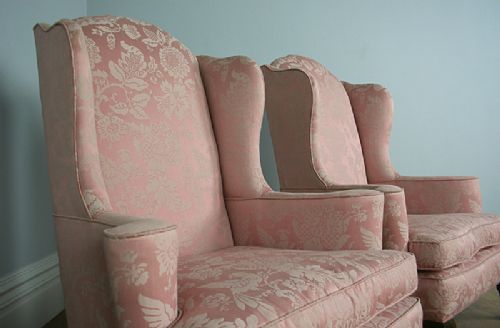 fig 1. Edwardian Carolean Style Pair Wing Chairs (Circa 1900 - 1920)