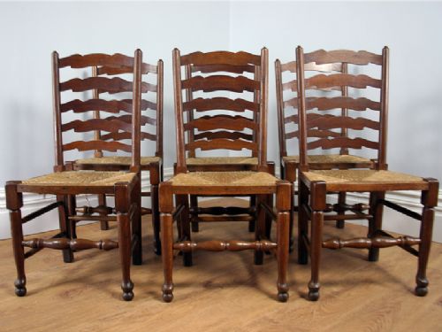 fig 1. Set of 6 Oak Ladder Back Country Farmhouse Dining Chairs (Circa 1920)