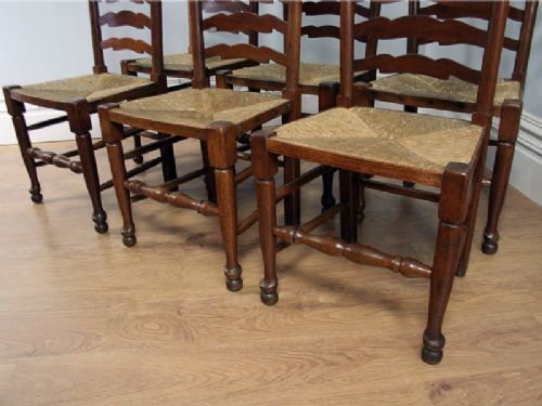 fig 2. Set of 6 Oak Ladder Back Country Farmhouse Dining Chairs (Circa 1920)