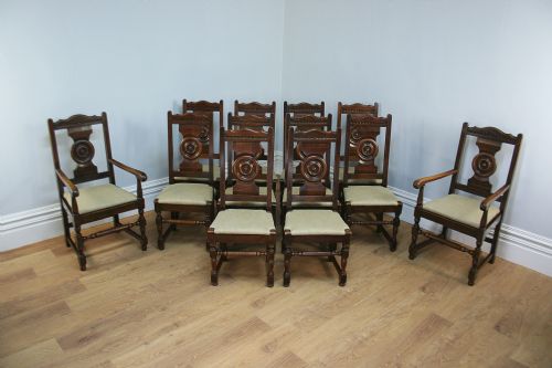 Set of 12 French Oak Bulls Eye Provincial Dining Chairs