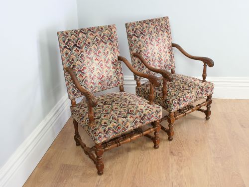 Antique Pair of French Walnut Fauteuil Tapestry Carved Armchairs (Circa 1880)