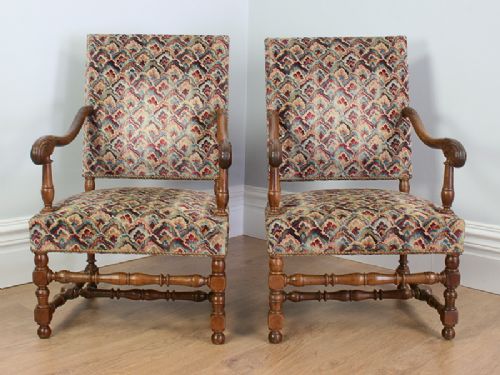 fig 1. Antique Pair of French Walnut Fauteuil Tapestry Carved Armchairs (Circa 1880)