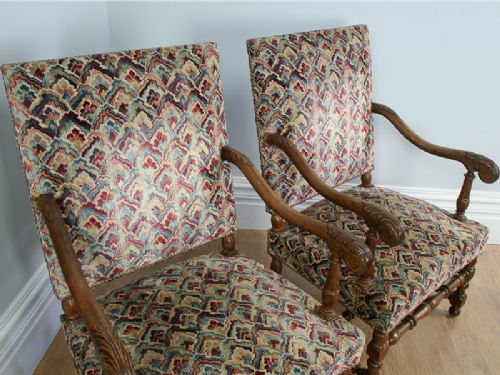 fig 2. Antique Pair of French Walnut Fauteuil Tapestry Carved Armchairs (Circa 1880)