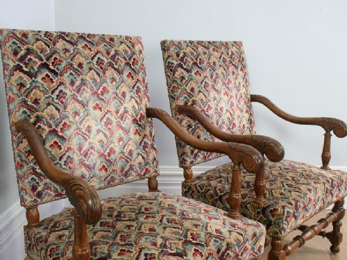 fig 3. Antique Pair of French Walnut Fauteuil Tapestry Carved Armchairs (Circa 1880)