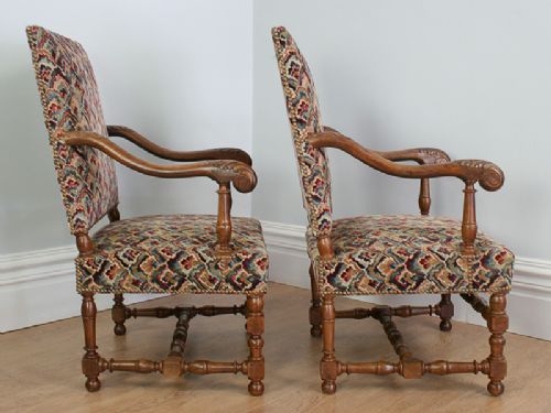fig 4. Antique Pair of French Walnut Fauteuil Tapestry Carved Armchairs (Circa 1880)