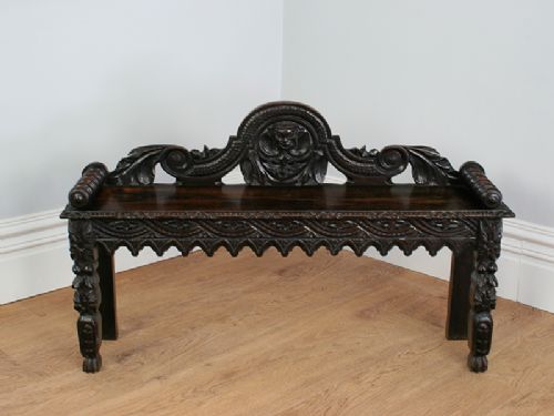 fig 1. Victorian Carved Oak Hall Seat Bench (Circa 1880)