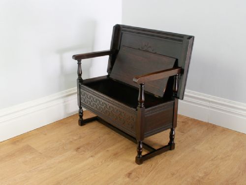 fig 1. Tudor Style Carved Oak Monks Bench (Circa 1900)
