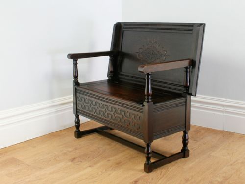 fig 3. Tudor Style Carved Oak Monks Bench (Circa 1900)