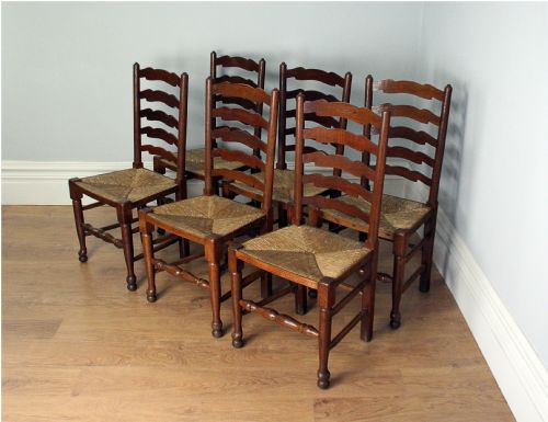 Set of 6 Oak Ladder Back Country Farmhouse Dining Chairs (Circa 1920)