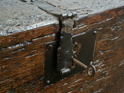 fig 5. Small Oak Six Plank Charles II Coffer (Circa 1680)