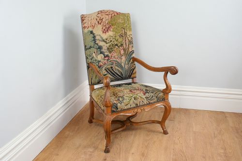 French Oak Fauteuil Tapestry Carved Open Hall Armchair Chair (Circa 1880)