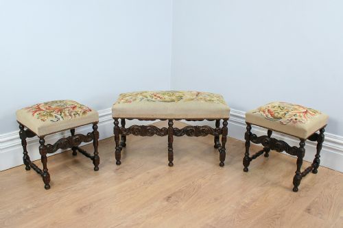 Set of 3 French Carved Beech Tapestry Stools (Circa 1880)