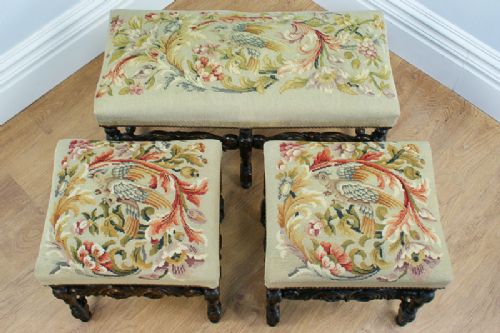 fig 1. Set of 3 French Carved Beech Tapestry Stools (Circa 1880)