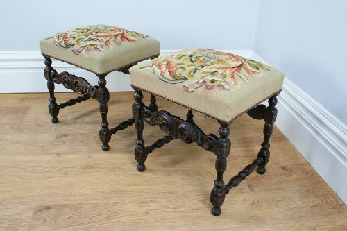 Pair of French Carved Beech Tapestry Stools (Circa 1880)