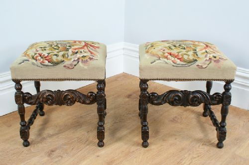fig 1. Pair of French Carved Beech Tapestry Stools (Circa 1880)