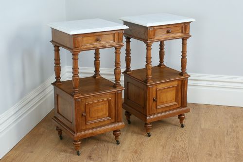Pair of French Period Marble & Oak Bedside Cabinets (Circa 1910)