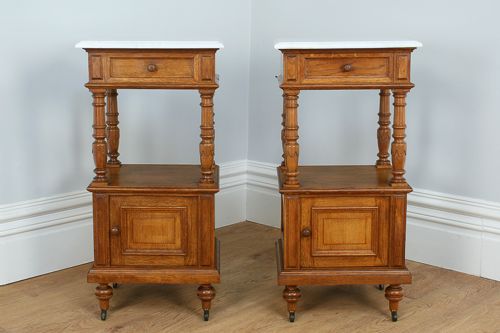 fig 1. Pair of French Period Marble & Oak Bedside Cabinets (Circa 1910)