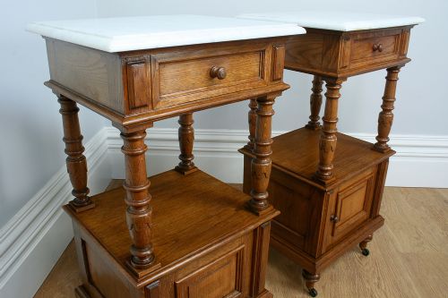 fig 4. Pair of French Period Marble & Oak Bedside Cabinets (Circa 1910)