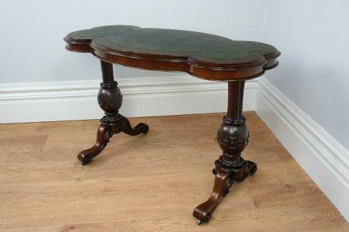 Victorian English Burr Walnut Carved Kidney Shaped Green Leather Writing Table / Desk for Library or Office (Circa 1860)