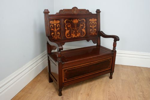 3ft Art Noveau Mahogany Inlaid Box Settle (Circa 1900)