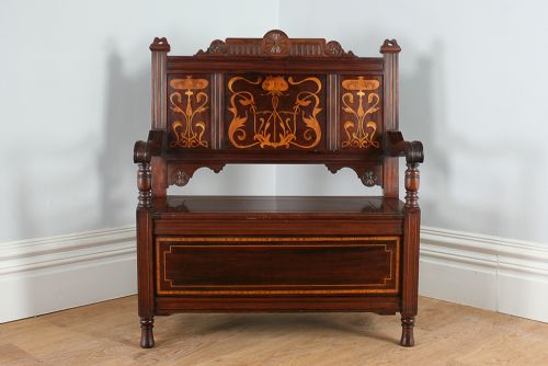 fig 1. 3ft Art Noveau Mahogany Inlaid Box Settle (Circa 1900)