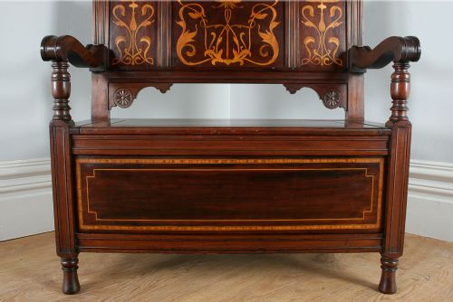 fig 3. 3ft Art Noveau Mahogany Inlaid Box Settle (Circa 1900)