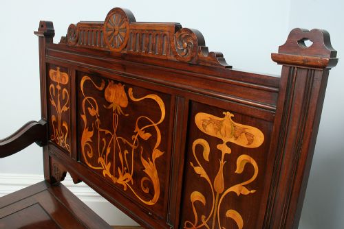 fig 7. 3ft Art Noveau Mahogany Inlaid Box Settle (Circa 1900)