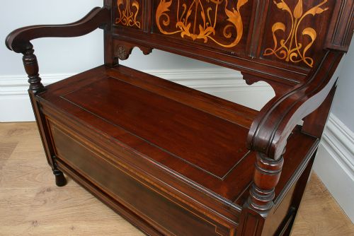 fig 9. 3ft Art Noveau Mahogany Inlaid Box Settle (Circa 1900)
