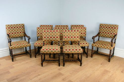 Set of 10 Cromwellian Revival Upholstered Oak Dining Chairs (Circa 1870)