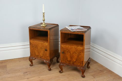 Pair of Alfred Cox Carved Burr Walnut Bedside Cupboards (Circa 1930)