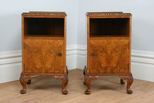 fig 1. Pair of Alfred Cox Carved Burr Walnut Bedside Cupboards (Circa 1930)