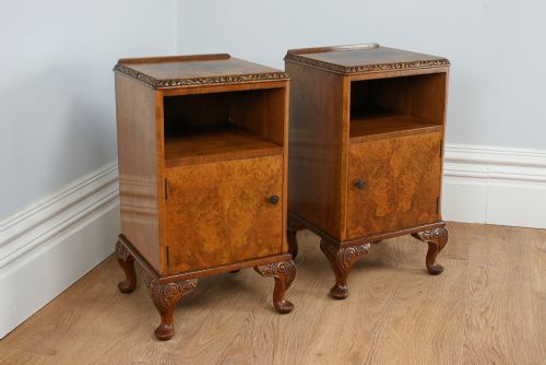 fig 2. Pair of Alfred Cox Carved Burr Walnut Bedside Cupboards (Circa 1930)