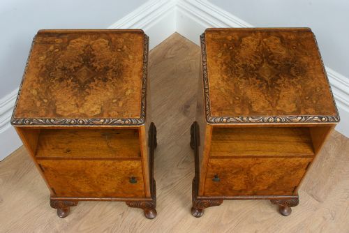 fig 3. Pair of Alfred Cox Carved Burr Walnut Bedside Cupboards (Circa 1930)