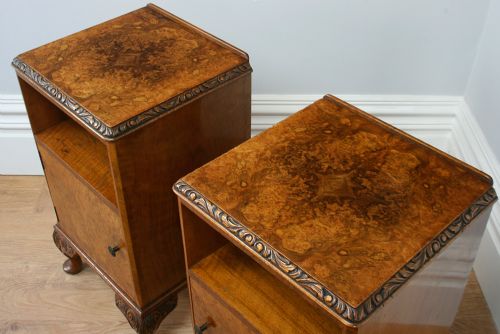 fig 4. Pair of Alfred Cox Carved Burr Walnut Bedside Cupboards (Circa 1930)
