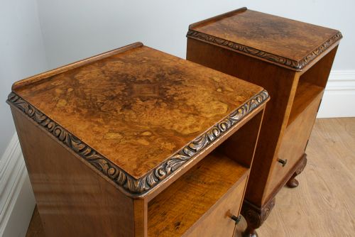fig 5. Pair of Alfred Cox Carved Burr Walnut Bedside Cupboards (Circa 1930)