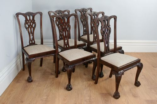 Set of 6 Six Georgian Chippendale Revival Carved Mahogany Upholstered Kitchen Dining Chairs (Circa 1900)