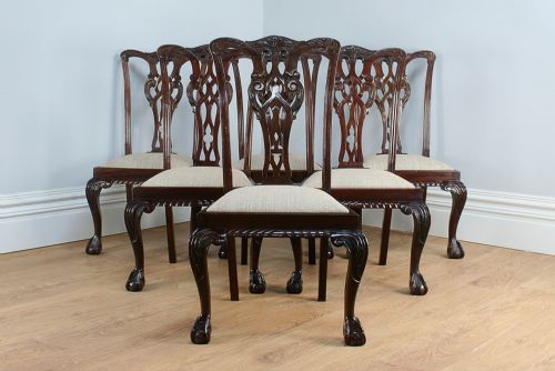 fig 1. Set of 6 Six Georgian Chippendale Revival Carved Mahogany Upholstered Kitchen Dining Chairs (Circa 1900)