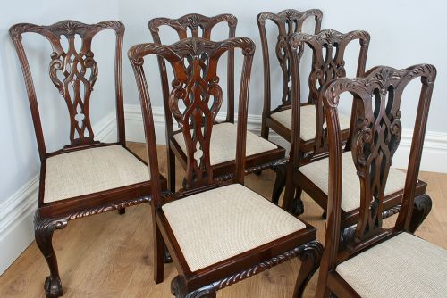 fig 2. Set of 6 Six Georgian Chippendale Revival Carved Mahogany Upholstered Kitchen Dining Chairs (Circa 1900)