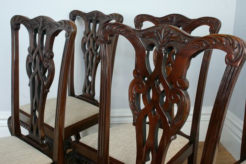 fig 3. Set of 6 Six Georgian Chippendale Revival Carved Mahogany Upholstered Kitchen Dining Chairs (Circa 1900)