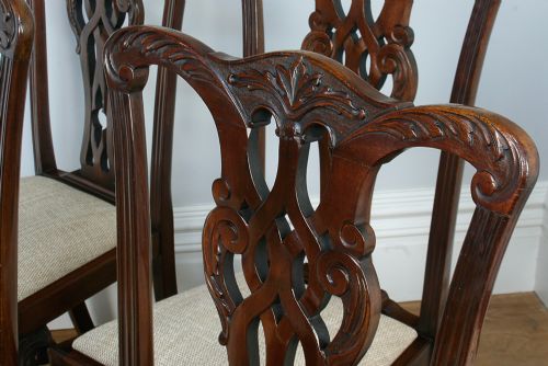 fig 4. Set of 6 Six Georgian Chippendale Revival Carved Mahogany Upholstered Kitchen Dining Chairs (Circa 1900)