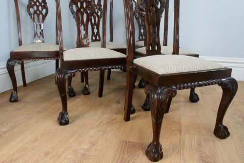 fig 5. Set of 6 Six Georgian Chippendale Revival Carved Mahogany Upholstered Kitchen Dining Chairs (Circa 1900)